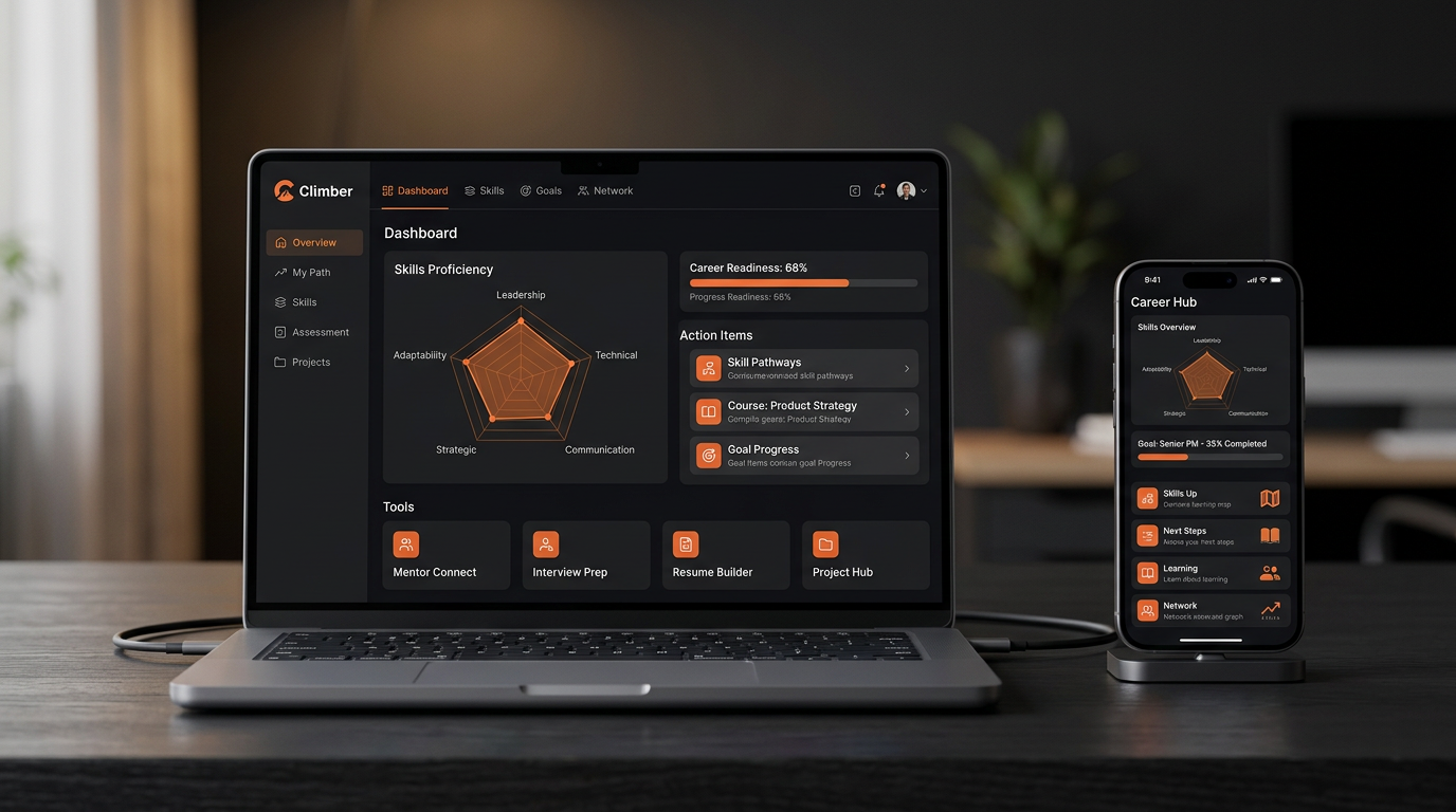 Plataforma Climber — treinamento online com ferramentas interativas de carreira e Sherpa AI